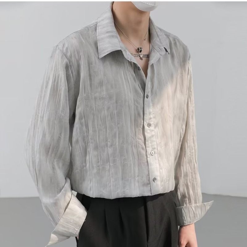 【XSYLC 】高级气质扎染褶皱长袖衬衫宽松时尚潮 ins 男个性上衣 - 图0
