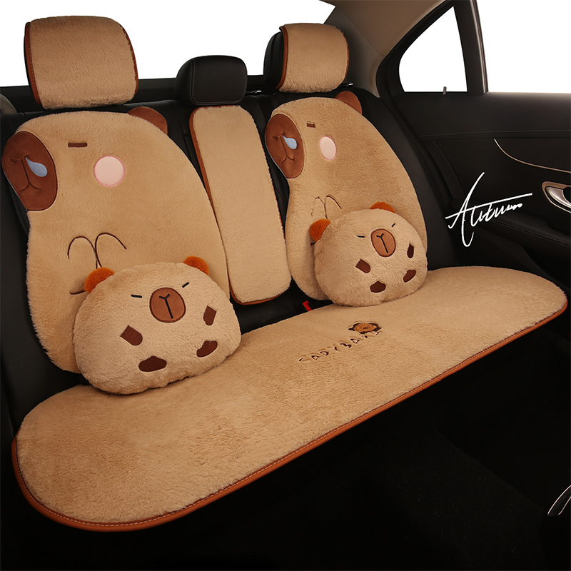 可爱卡皮巴拉汽车坐垫保暖加厚卡通女冬季单座座椅套车垫毛绒座垫 - 图0