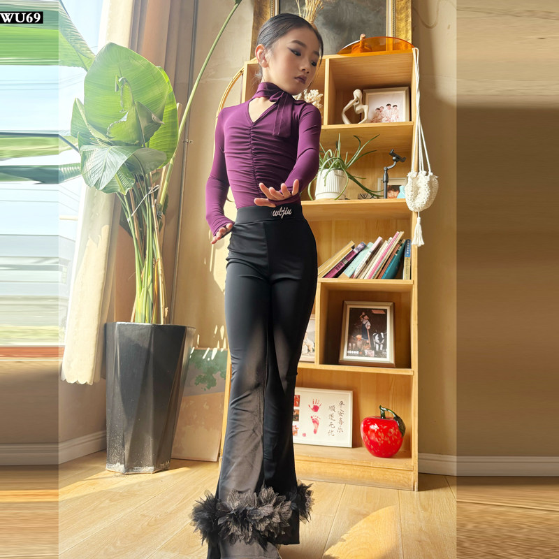 秋季新款拉丁舞裤子套装高级舞蹈表演服少儿喇叭裤拉丁练功服女童,淘宝优惠券,粉丝福利购,淘宝优惠卷