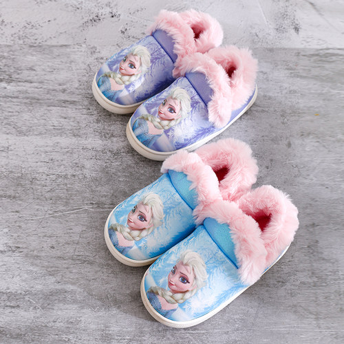 迪士尼儿童女冬季棉拖鞋卡通公主室内居家保暖包跟中大童女孩拖鞋 - 图0