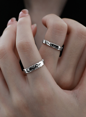 禾派 双鱼逐浪情侣戒指纯银原创S925黑滴胶小众对戒