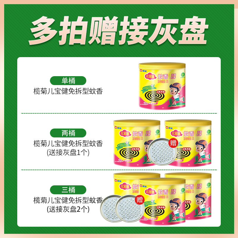 榄菊儿宝健免拆型无烟蚊香大盘盒装24圈送托灰底盘盘香黑蚊香-图1