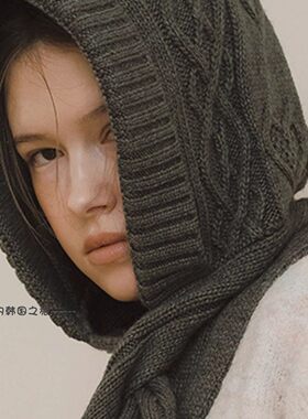 韩国代购rockfish 纯色针织帽子围巾一体 菱形图案暖和时尚