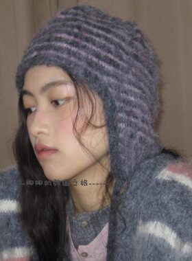 韩国代购rockfish 女款茸毛条纹绑带帽子保暖针织套头帽 两种戴法