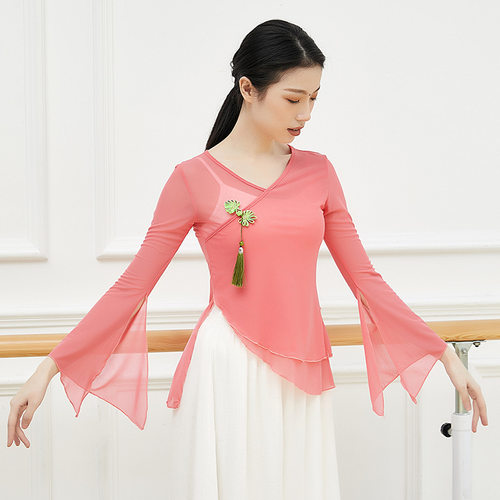 古典舞女练功服芭蕾舞中国风民族风舞蹈长袖身韵纱衣演出服装上衣 - 图0