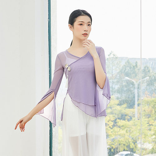 古典舞女练功服芭蕾舞中国风民族风舞蹈长袖身韵纱衣演出服装上衣 - 图2