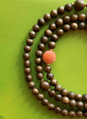原创6mm天然沉香108颗南红手串
