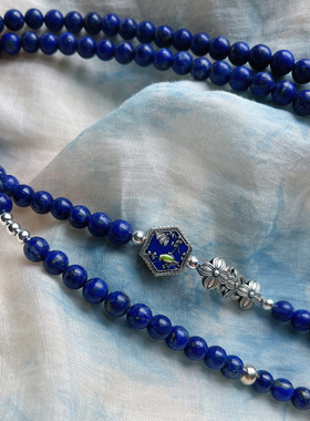 天然青金石镂空国风银葫芦项链