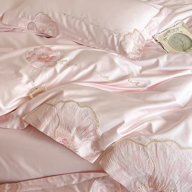 公主风高端匹马棉全棉四件套花卉刺绣磨毛被套纯棉床品床笠粉蓝色 - 图2