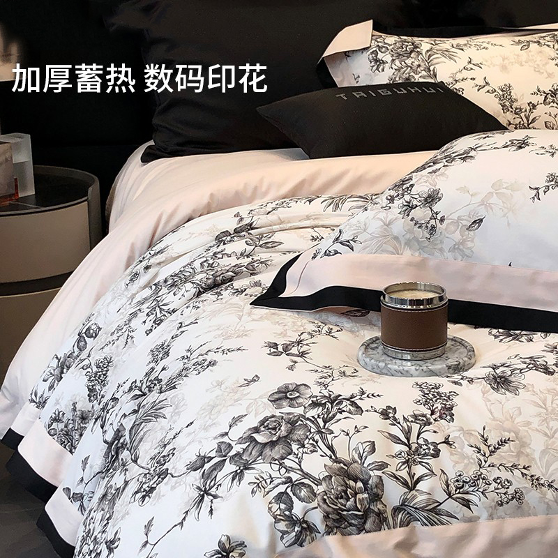 法式复古风全棉磨毛四件套花卉数码印花加厚纯棉被套秋冬床品紫色