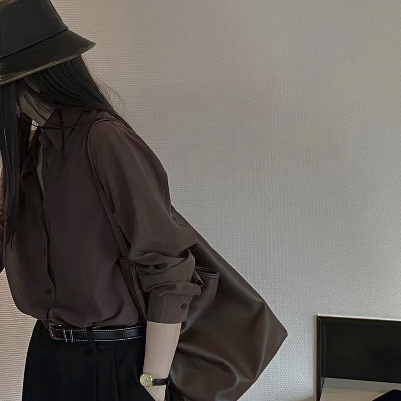抗皱内搭天丝棉衬衫女宽松长袖简约气质咖啡纯色衬衣2025春秋新款,淘宝优惠券,粉丝福利购,淘宝优惠卷