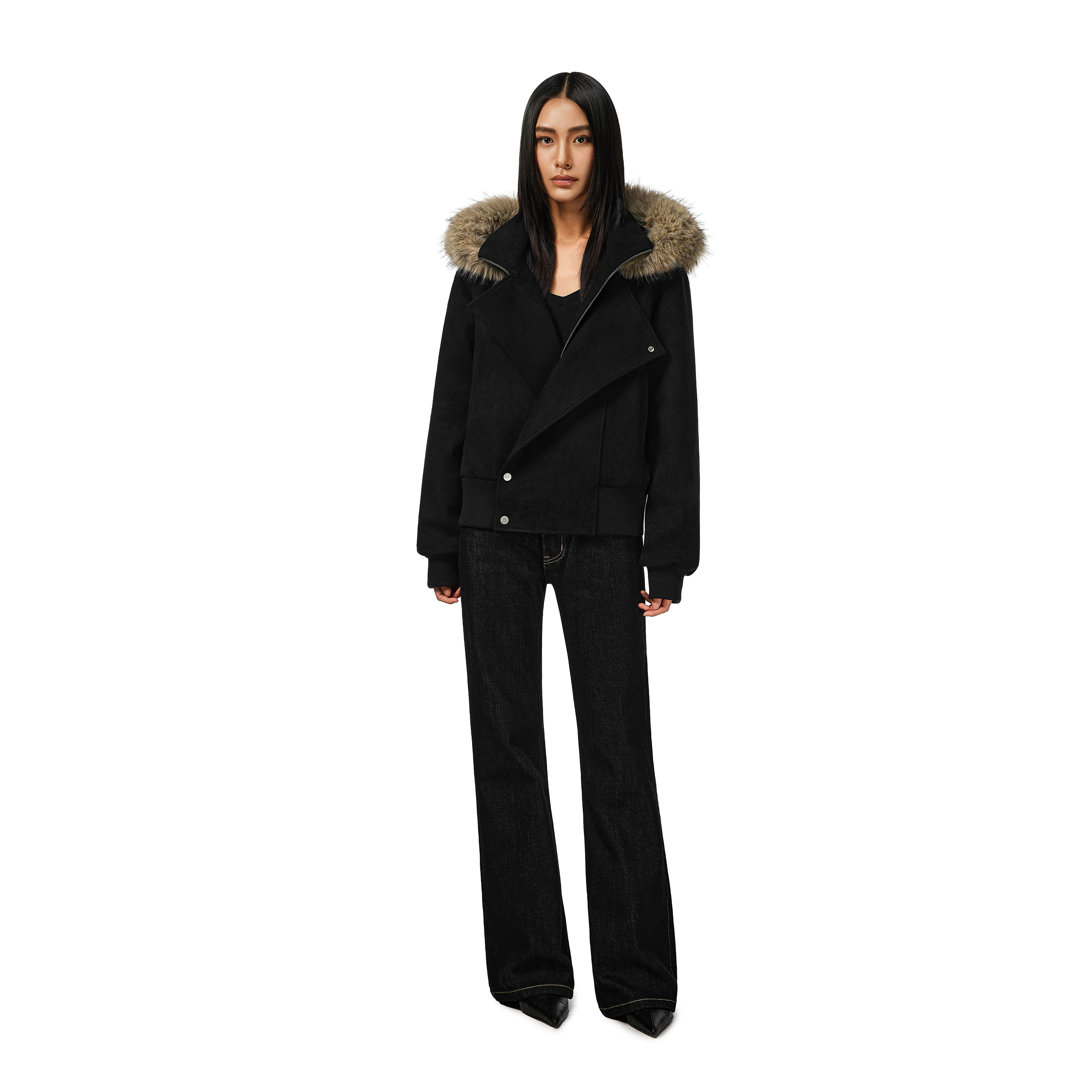 FDR官方店 斜门襟连帽加厚仿麂皮夹克上衣秋冬可拆卸毛领外套女,淘宝优惠券,粉丝福利购,淘宝优惠卷