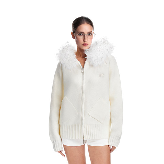 FDR秋冬美式情侣厚连帽针织衫保暖长袖可拆卸毛领开衫毛衣外套女