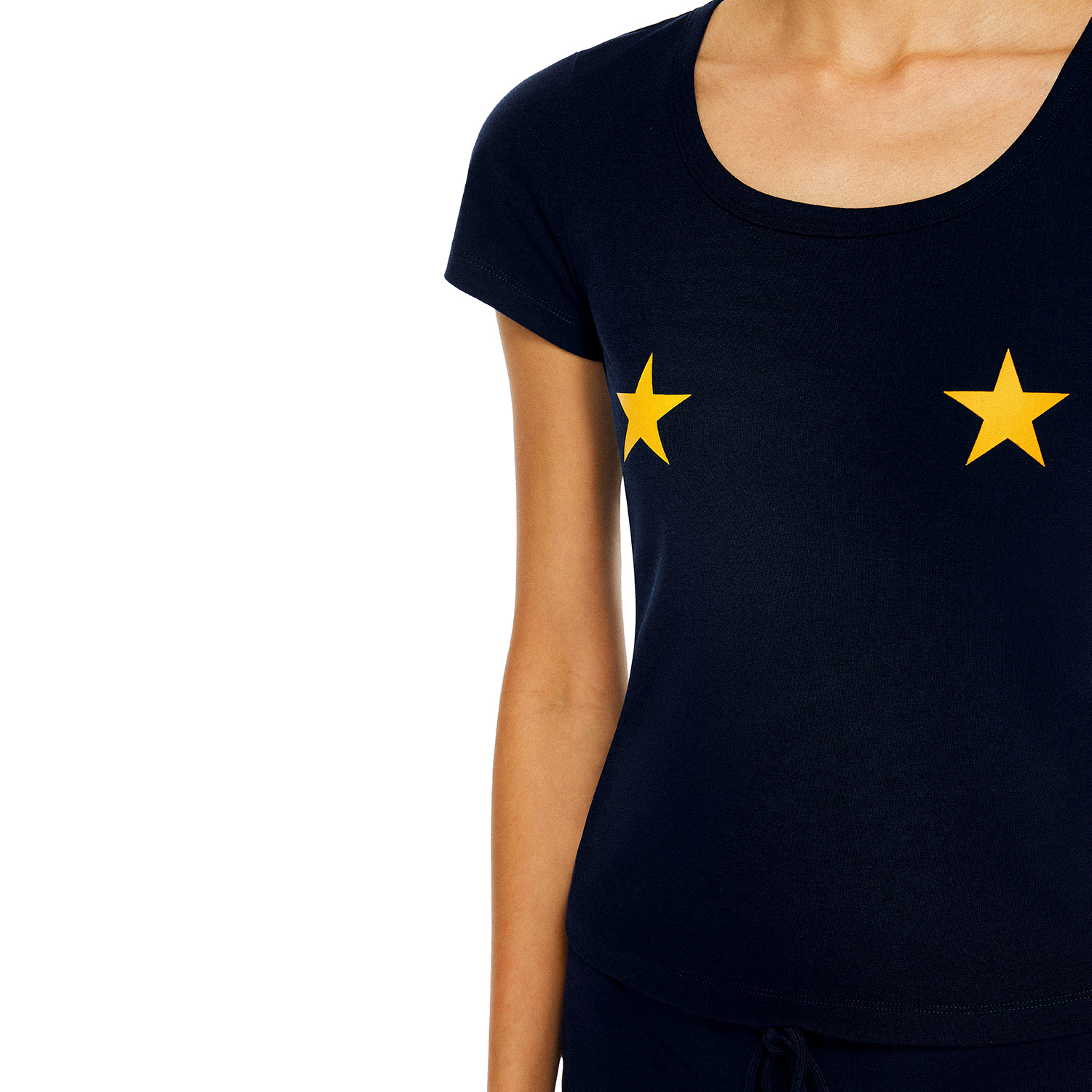 FDR官方店 辣妹星星撞色U领正肩短袖t恤男女夏季修身显瘦上衣 - 图2