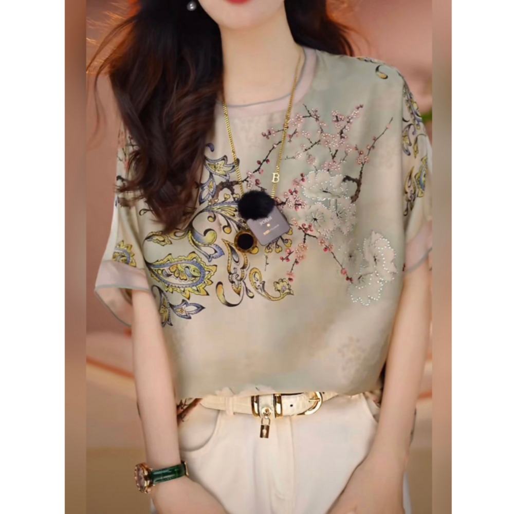 高级感时尚印花T恤女夏季新款妈妈宽松气质显瘦雪纺小衫短袖上衣,淘宝优惠券,粉丝福利购,淘宝优惠卷