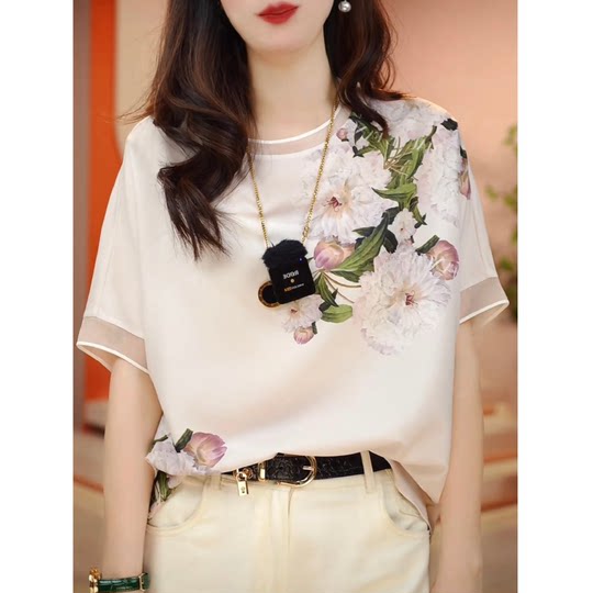 High-end short-sleeved chiffon printed t-shirt for women