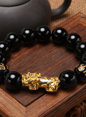 仿黑曜石貔貅手链黑玻璃珠六字真言金貔貅手链会销爆款赠品小礼品