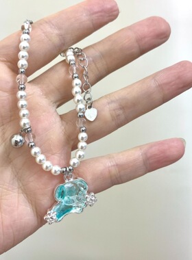 韩系高级感蓝色蝴蝶珍珠项链精致气质百搭甜美锁骨链