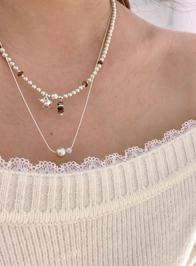 韩系小众珍珠项链时尚高级感锆石珍珠锁骨链秋冬颈链女