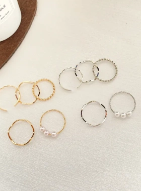 现货秒发戒指女日韩简约ins珍珠波浪形组合戒指五件套个性指环网