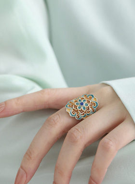 925银新中式烧蓝花朵轻奢戒指女