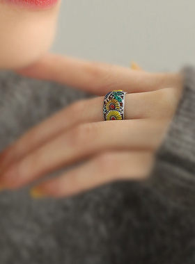 925银复古菊花叶子小众高级戒指