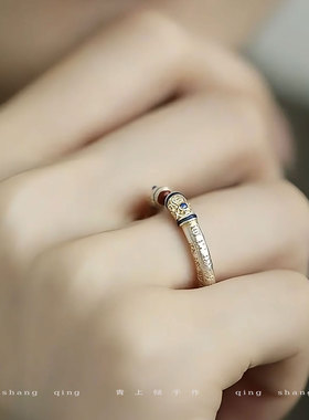925银复古描金法棍心经开口戒指