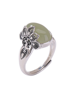 925银孔雀开屏青玉蛋面轻奢戒指