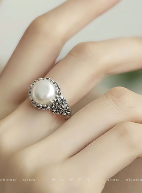 925银新中式气质桃花珍珠戒指女