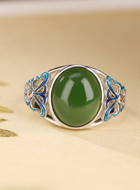 925银新中式珐琅蝴蝶蛋面戒指女