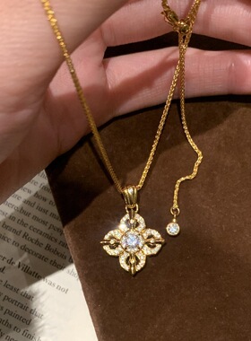 新中式古法沙金十字金刚杵吊坠项链女四叶草满钻轻奢高级感锁骨链