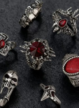 复古vintage7件套戒指女亚文化哥特风辣妹小众骷髅蜘蛛指环套装