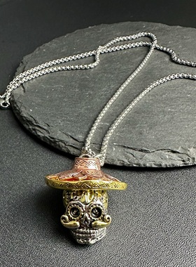 复古带帽骷髅头项链男vintage小众独特高级感暗黑系朋克风吊坠ins