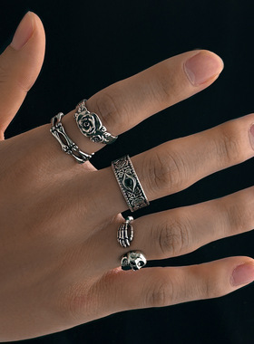 复古骷髅4个戒指套装男女中性欧美暗黑系朋克风小众嘻哈指环潮流