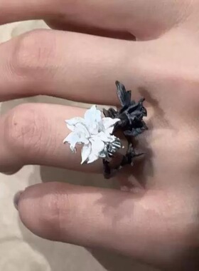 复古黑白双生花戒指女高级感vintage曼陀罗潮流辣妹指环配饰小众