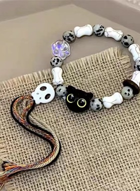 骷髅猫咪陶瓷编织绳手链女小众设计感甜酷中国风流苏手串禅意手饰