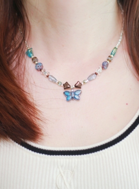 Iris原创设计手工串珠项链女小众复古捷克珠蓝色蝴蝶锁骨链礼物