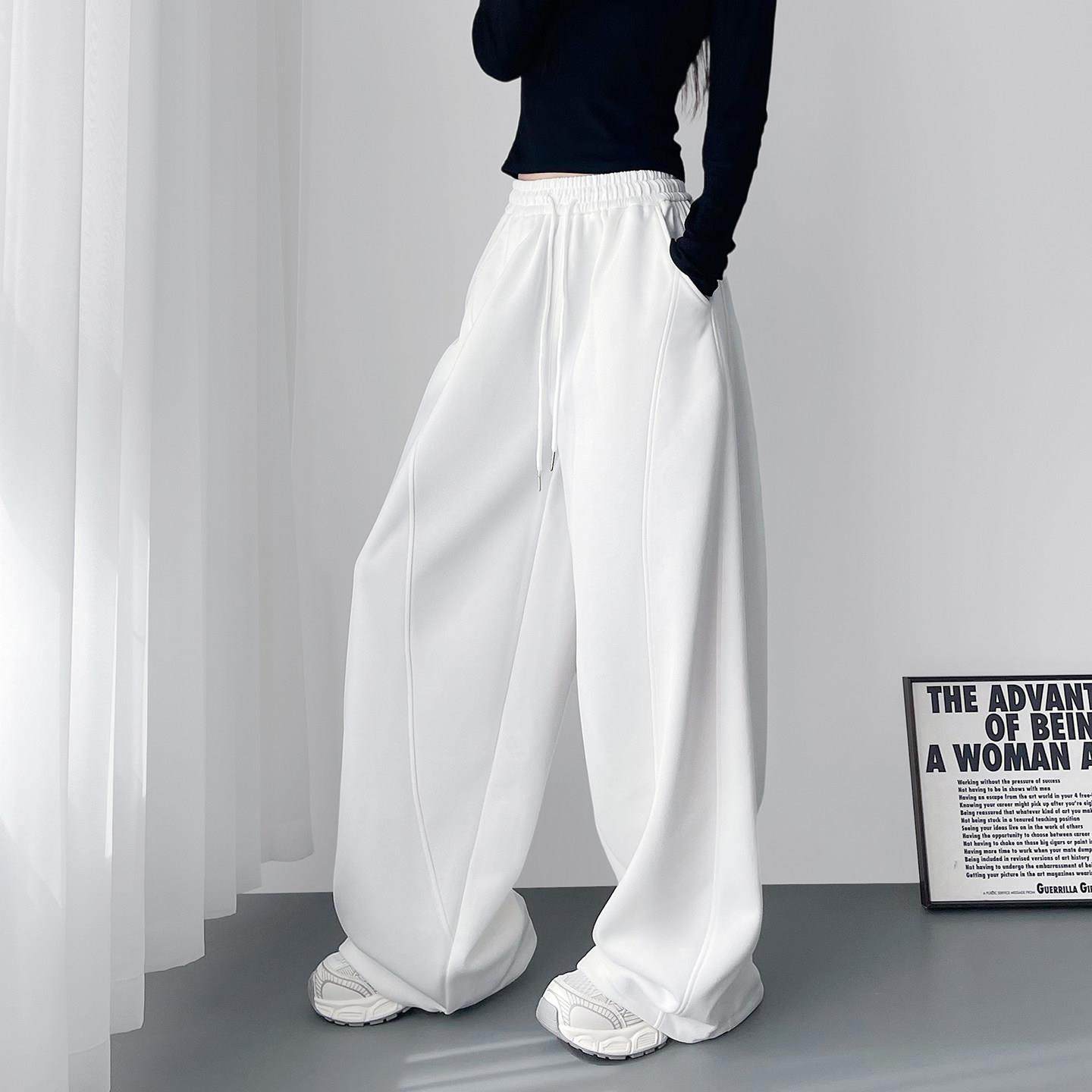 大码白色高腰显瘦加绒阔腿裤女冬季胖mm梨型身材慵懒加厚运动卫裤,淘宝优惠券,粉丝福利购,淘宝优惠卷