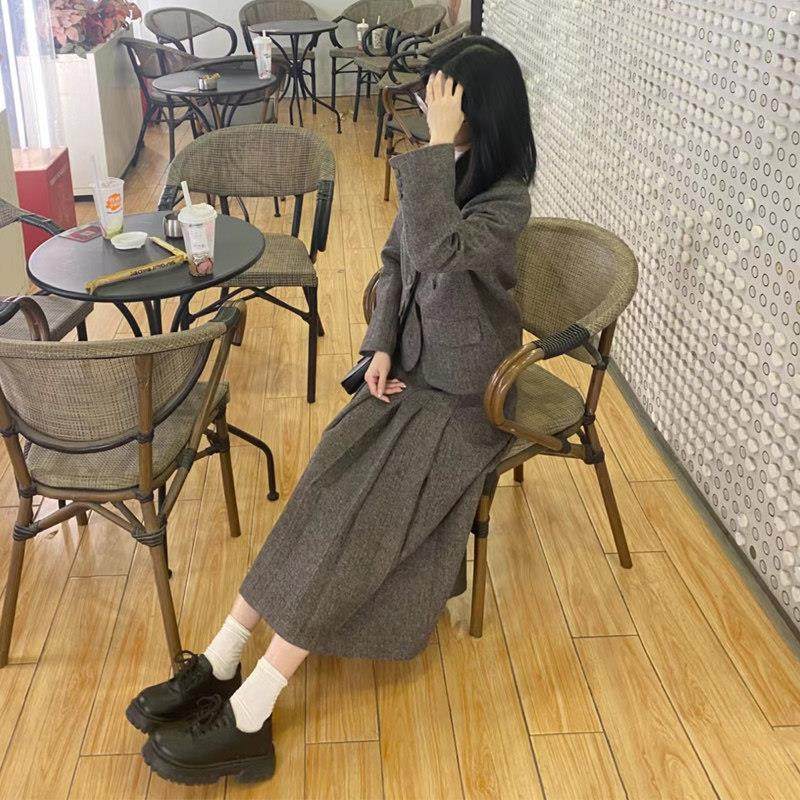 英伦学院风毛呢套装女秋冬韩系复古呢子灰棕色短外套半身裙两件套,淘宝优惠券,粉丝福利购,淘宝优惠卷