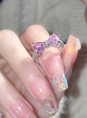 粉色莫桑石蝴蝶结开口戒指女轻奢可调节浪漫甜美精致高级感指环