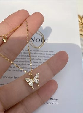 2021新款双层蝴蝶纯银项链女ins小众设计感高级锁骨链首饰品吊坠