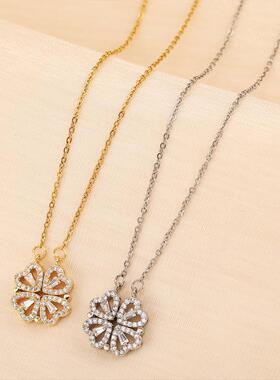 新款一款两戴心连心女开合四叶草项链时尚爱心折叠创意时尚锁骨链