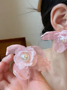 银针花瓣网纱水晶流苏耳钉粉色甜