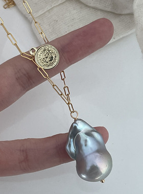 美国14K注金小众灰色巴洛克项链