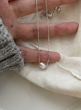 天然珍珠米珠项链女纯银简约百搭