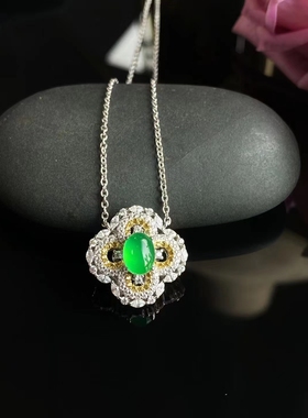 天然绿玉髓玛瑙四叶草项链吊坠纯银锁骨链日常精致设计款简约幸运