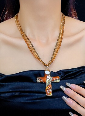 复古暗黑哥特风十字架串珠项链高级感欧美锁骨链叠戴水晶吊坠项饰