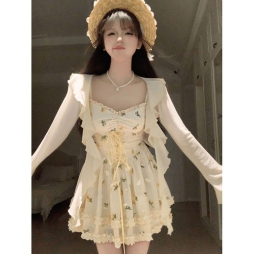 韩系氛围感穿搭少女甜妹冷淡夏日精致上衣蓬蓬蛋糕长裙吊带连衣裙 - 图0