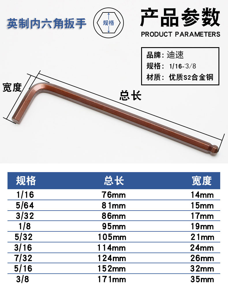 英制内六角扳手单支1/16 5/64 3/32 7/64 1/8 9/64 5/32 4分之一-图1