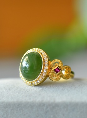 天然新疆和田碧玉戒指女款镶嵌玉石指环时尚百搭饰品礼物
